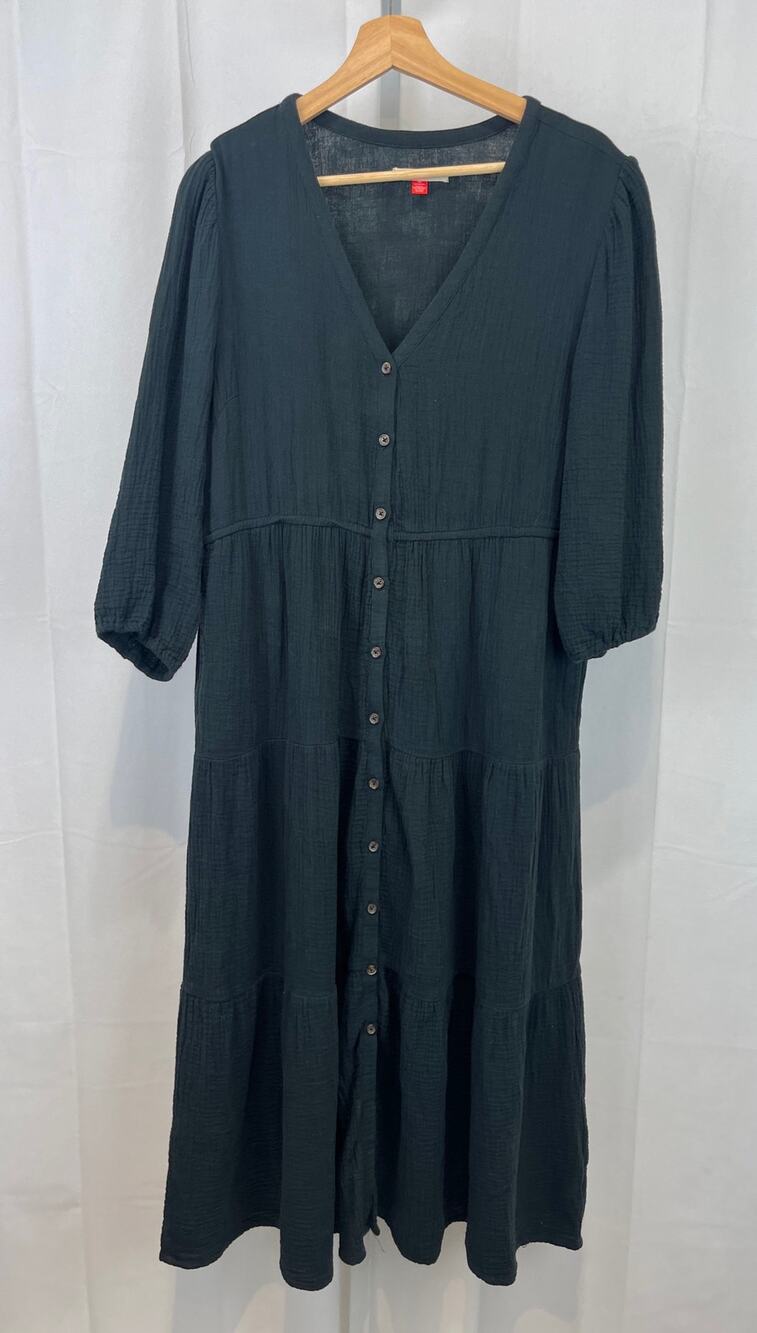 MARINE LAYER Tiered Maxi Dress V Neck Button Up 3/4 Sleeve Cotton Size L